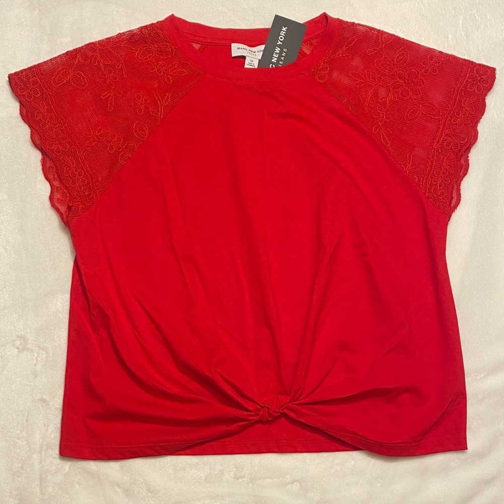 Marc New York Red Lace Sleeve Tee
